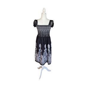 Lapis smocked midi black and white floral dress with sheer‎ cap sleeves